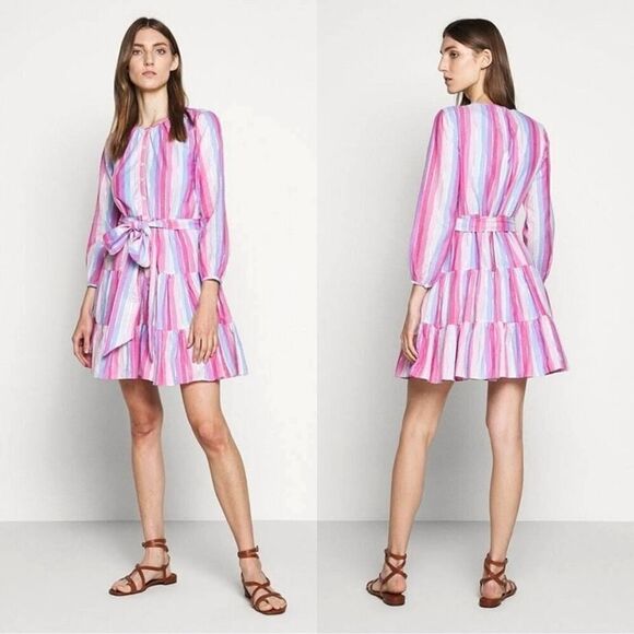 J. Crew Belted Button-up Dress in Pastel Stripe Rainbow Pink Purple SZ XS AP188 - Picture 16 of 16